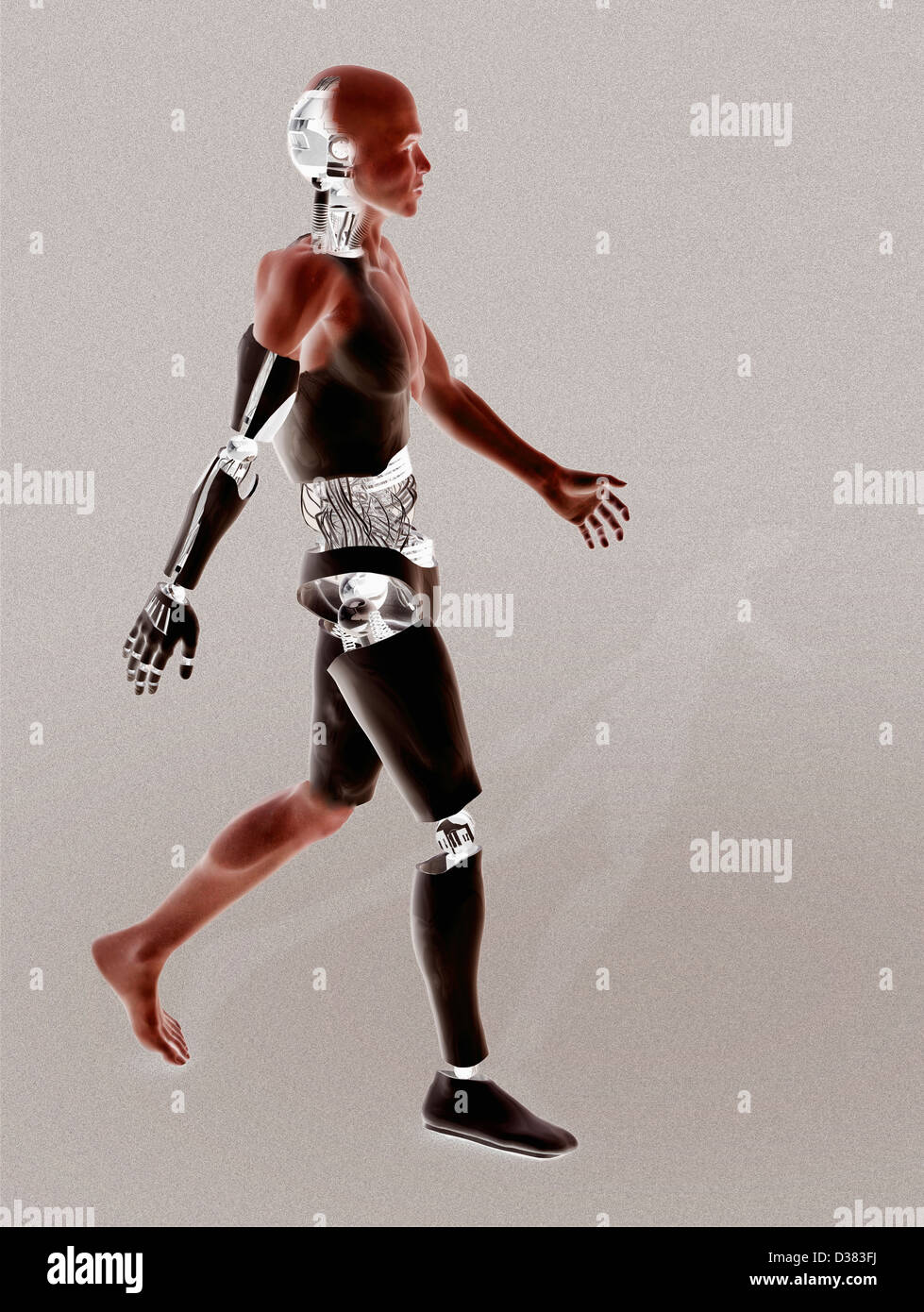 Cyborg walking on binary code background Stock Photo