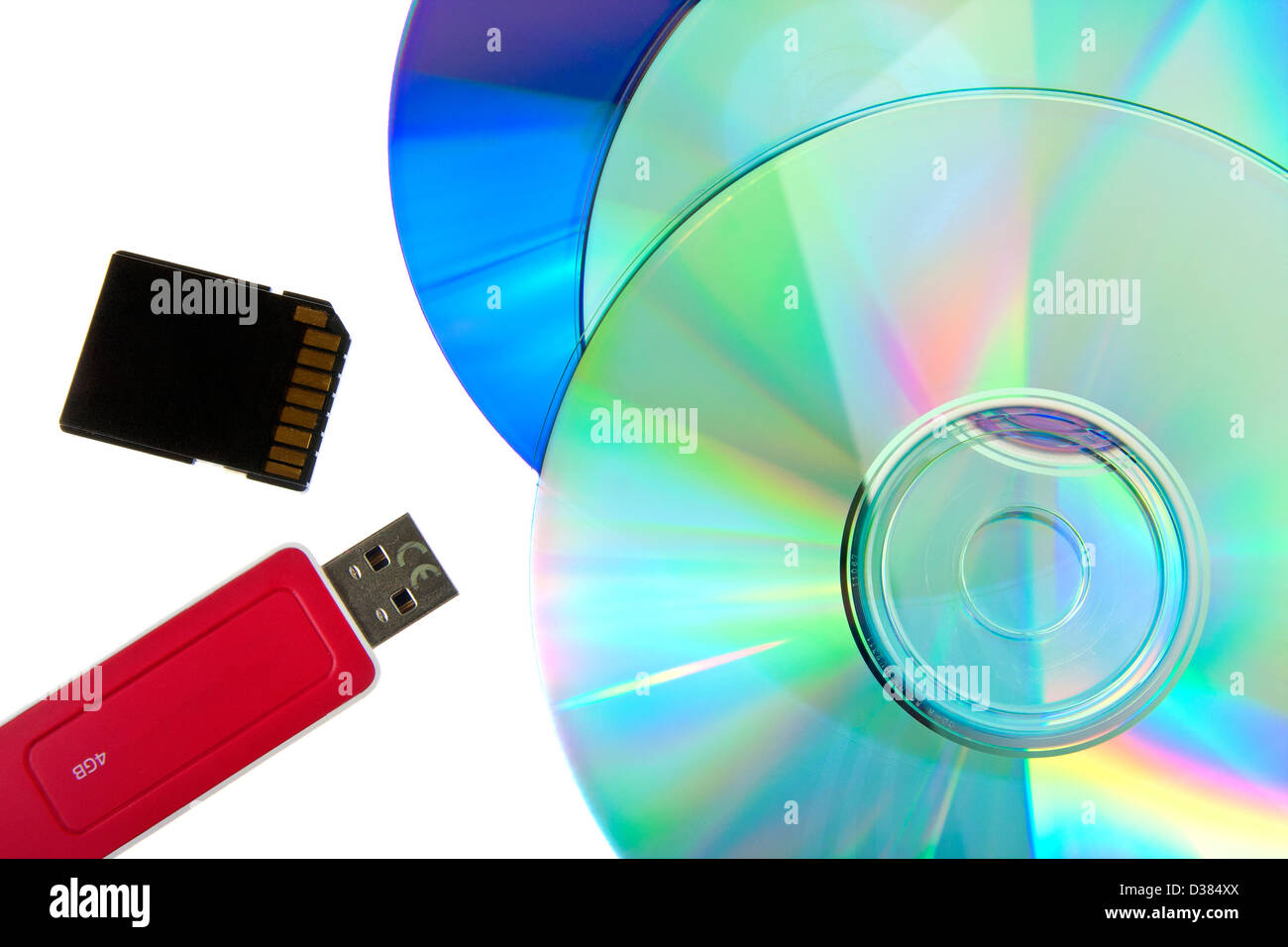 Cd and dvd disc, a memory card and flash drive on white background Stock  Photo - Alamy