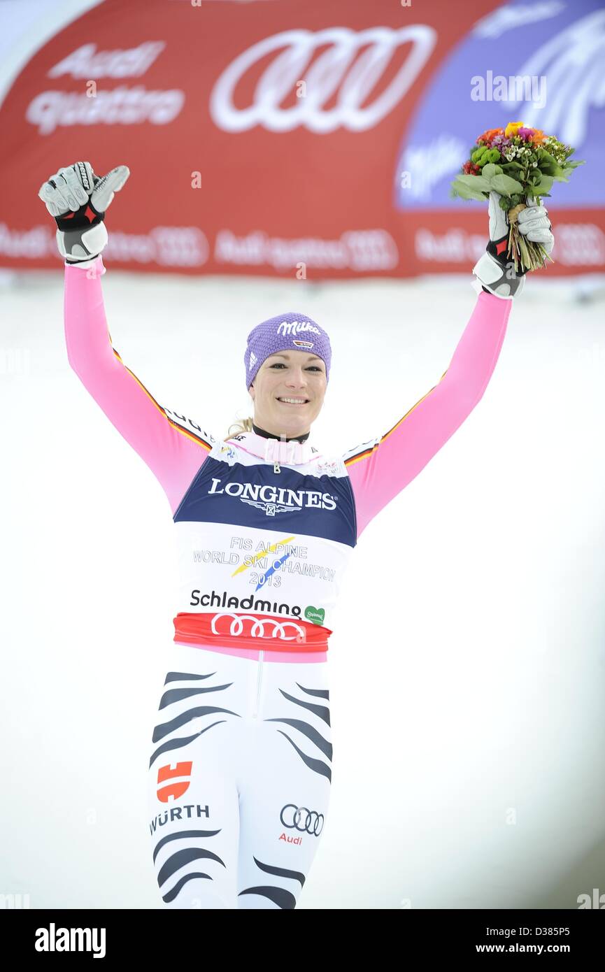 Schladming, Austria. 8th February 2013. Maria Hofl-Riesch (GER), FEBRUARY 8, 2013 - Alpine Skiing : Maria Hoefl-Riesch of Germany celebrates during the flower ceremony after winning the Women's Super Combined on day four of the FIS Alpine World Ski Championships 2013 in Schladming, Austria. (Photo by Hiroyuki Sato/AFLO/Alamy Live News) Stock Photo