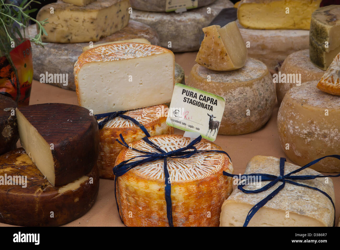 A variety of cheeses on display in a market in Turin Italy Stock Photo