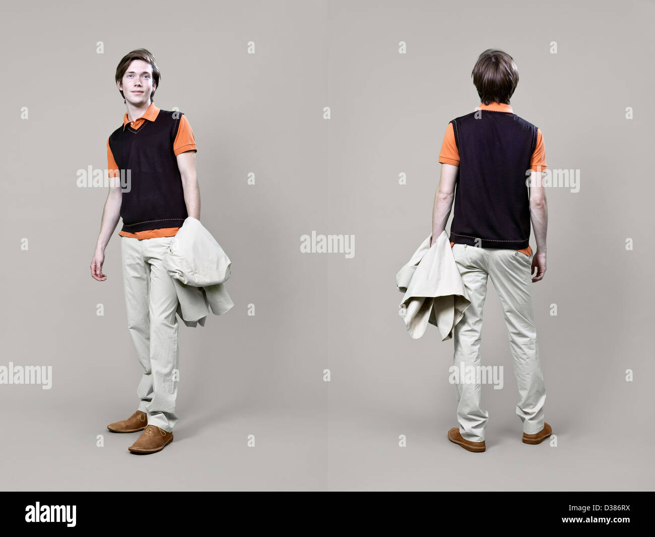 Front and rear view of casual young male's fashion in catalog style