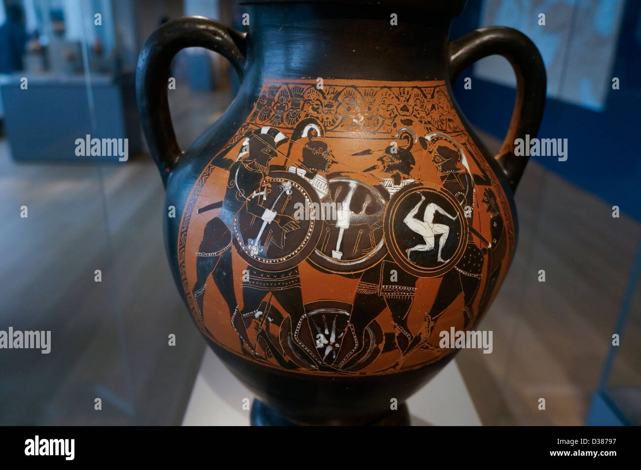 Terracotta blackfiguretechnique of Greek warriors with weapons and