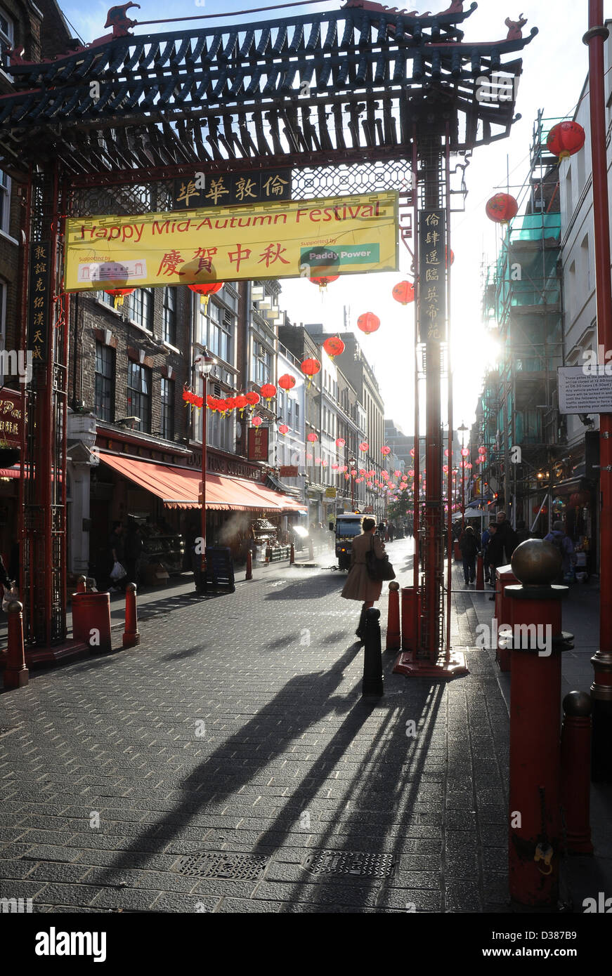 China town in London during the Chinese new year during a typical British rainy day. Stock Photo