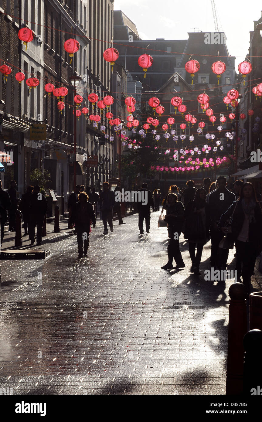 China town in London during the Chinese new year during a typical British rainy day. Stock Photo