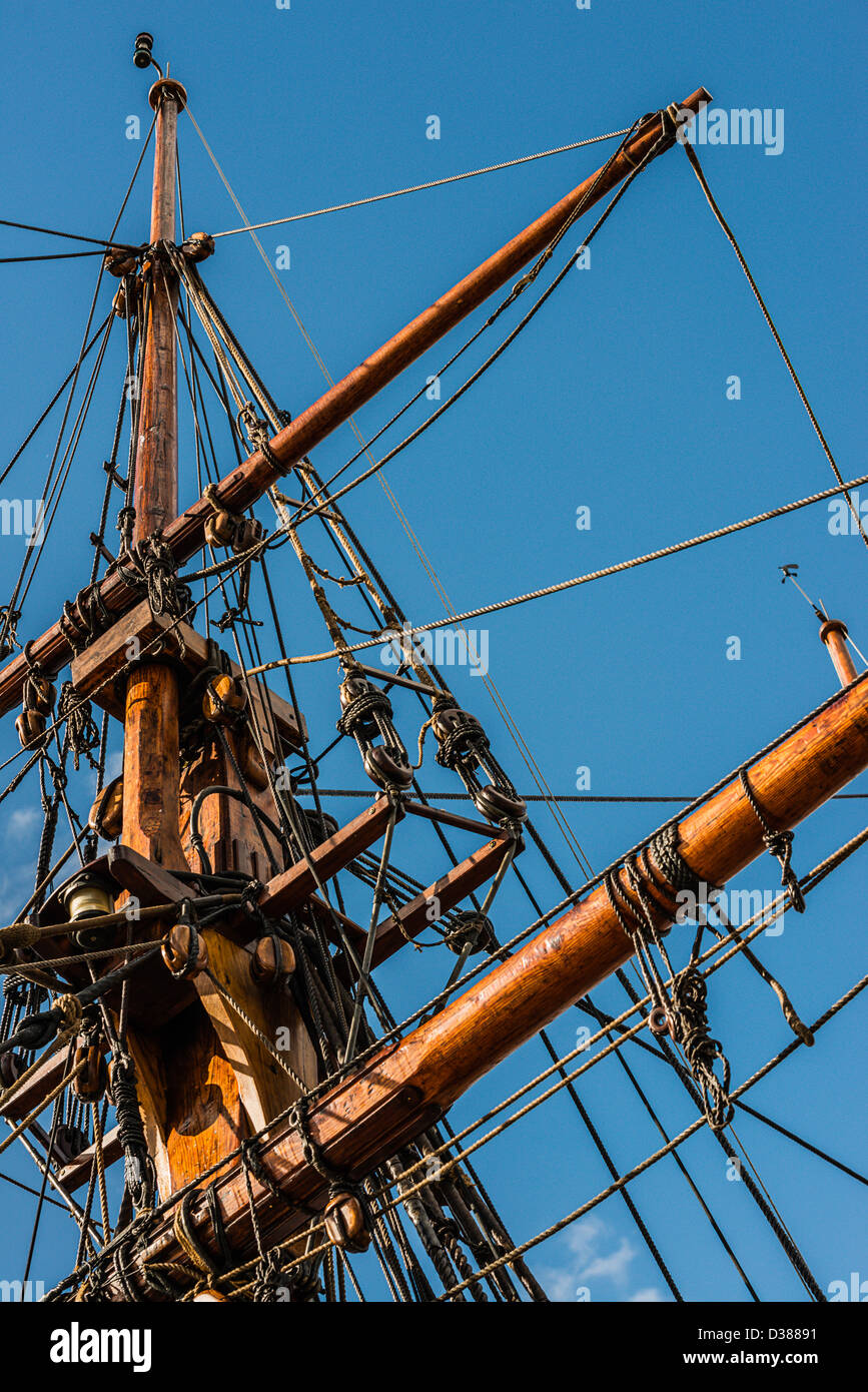 Looking up to the mast and part of the rigging of a 19th century tall ship. Stock Photo