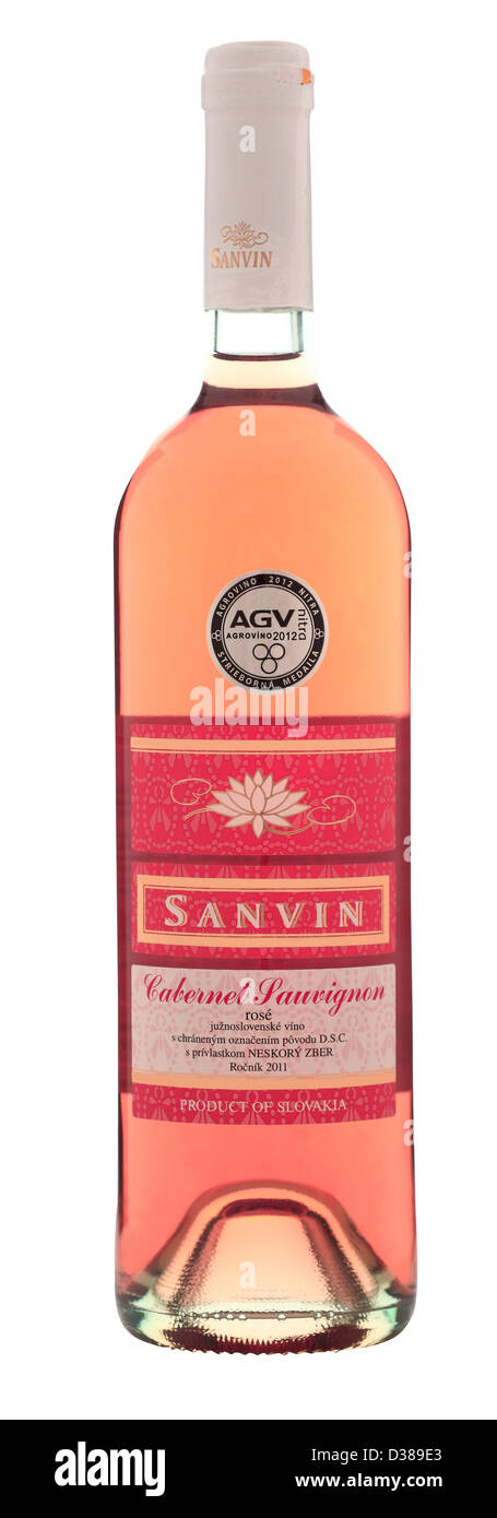 Studio shot of bottle of rose wine, variety Cabernet Sauvignon, from winery Sanvin, south Slovakian wine region. Stock Photo
