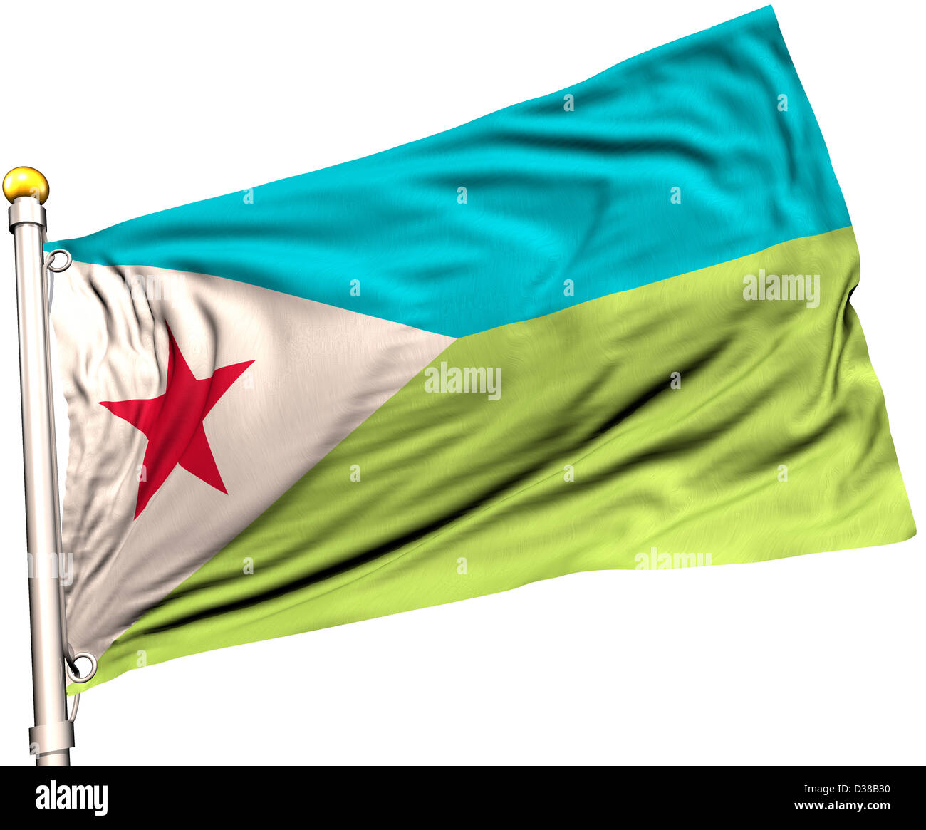 Djibouti flag on a flag pole. Clipping path included. Silk texture visible on the flag at 100%. Stock Photo