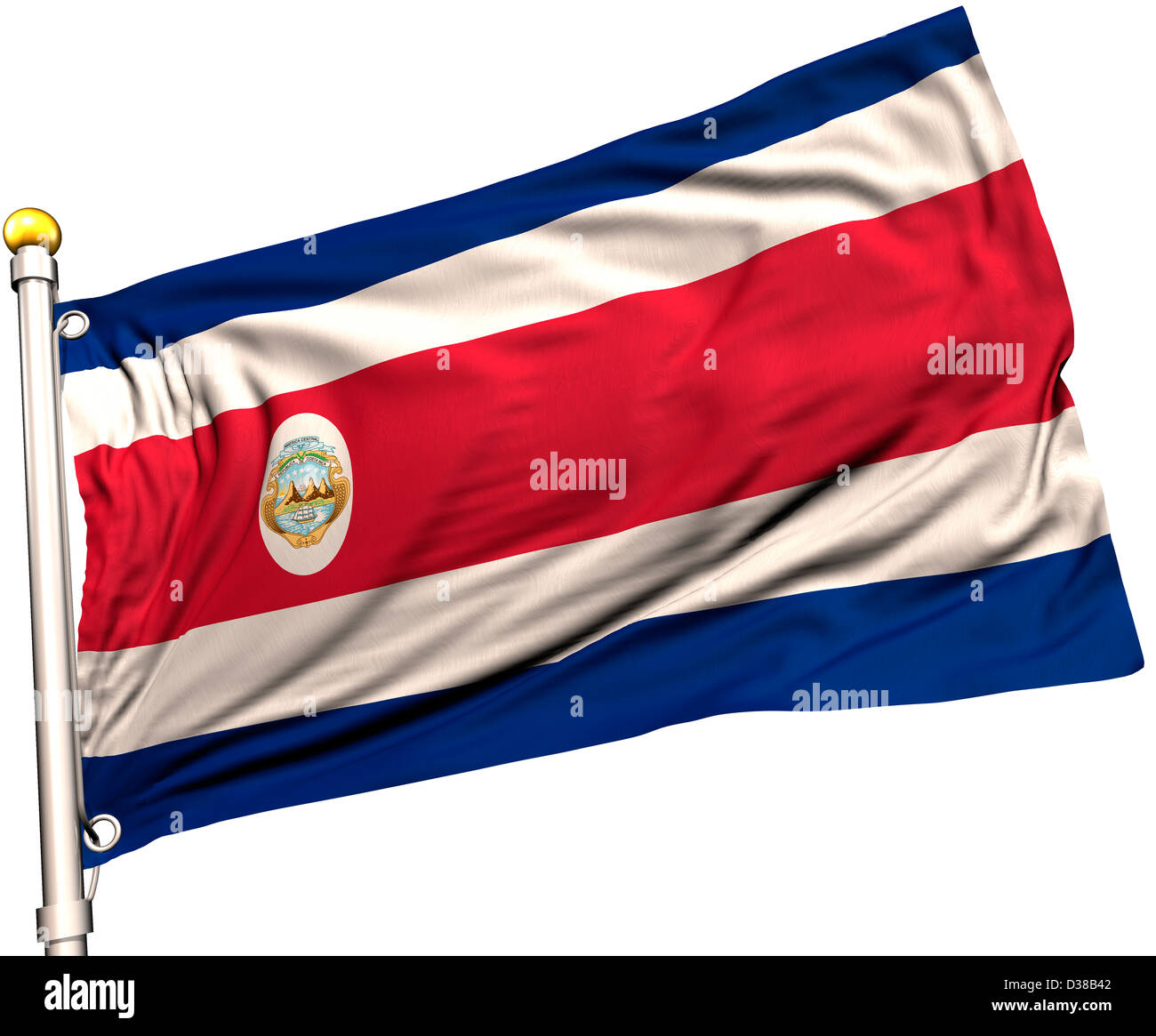Costa Rica flag on a flag pole. Clipping path included. Silk texture