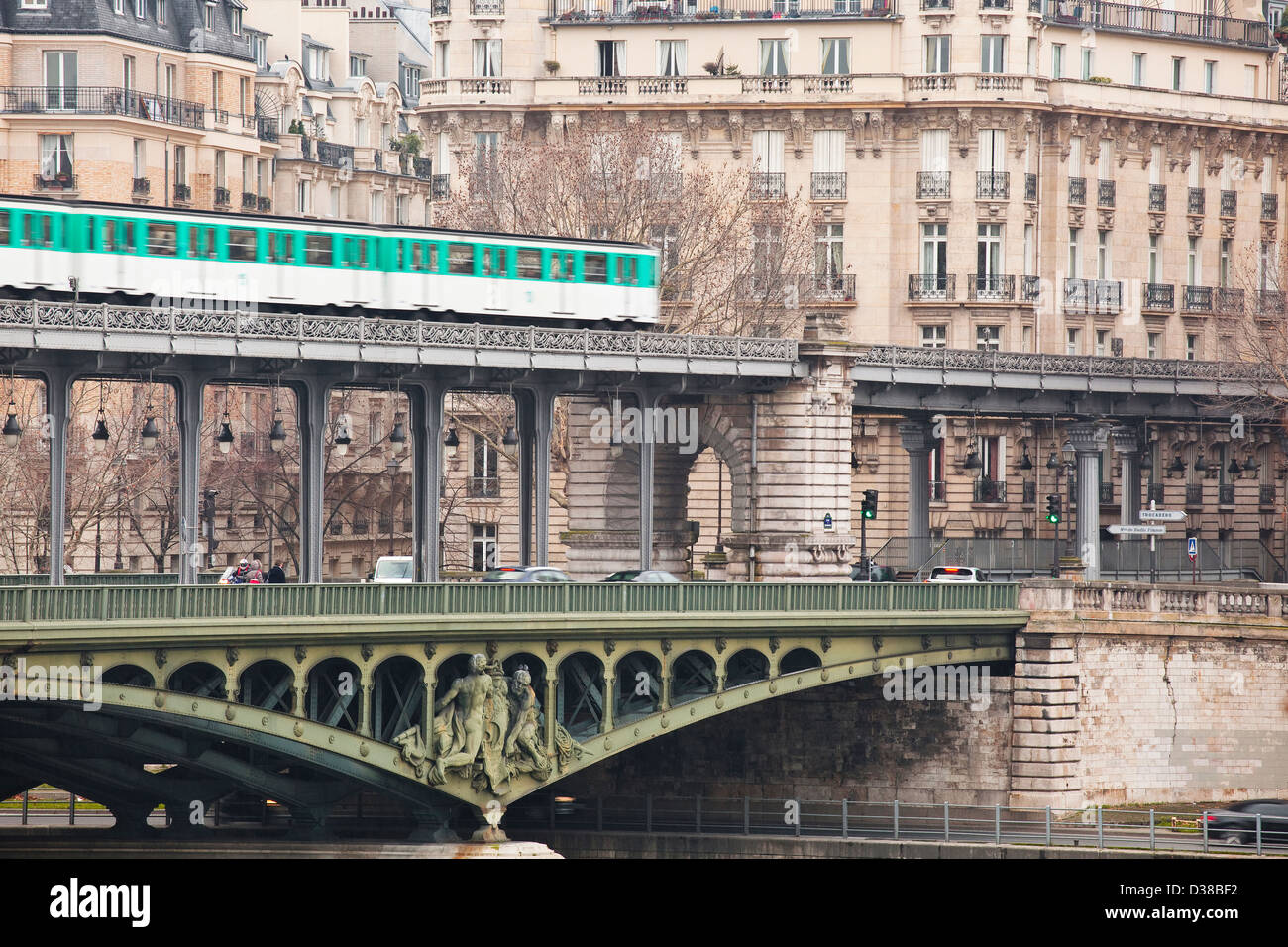 A paris metro crosses Pont de Bir Hakeim in Paris. Stock Photo