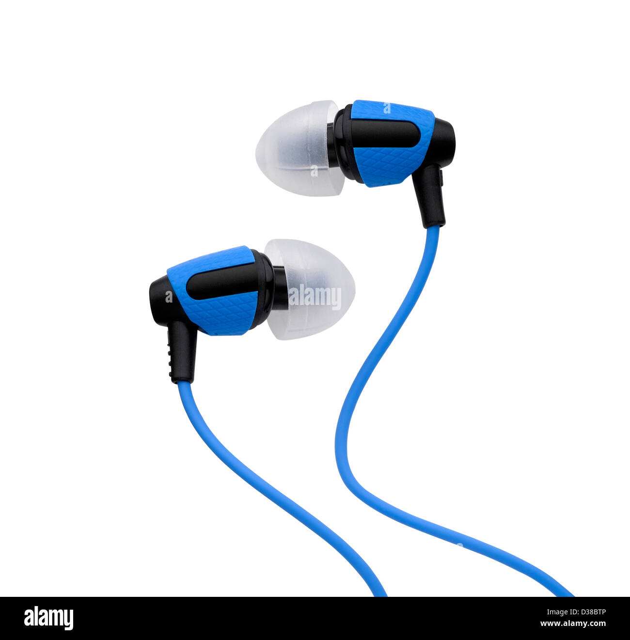 A pair of blue bud headphones cut out o a white background Stock Photo