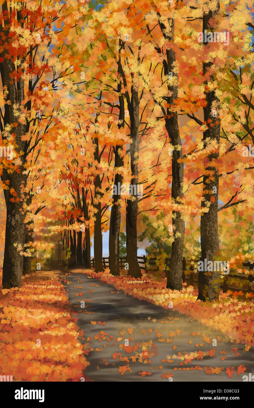 Illustrative image narrow street surrounded by trees in autumn Stock Photo