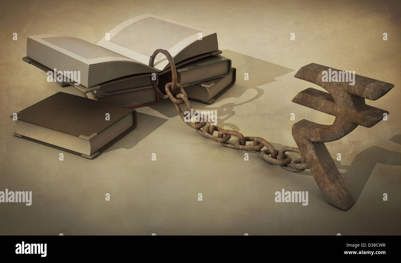 Illustrative image of metal chain attached to book and rupee sign ...