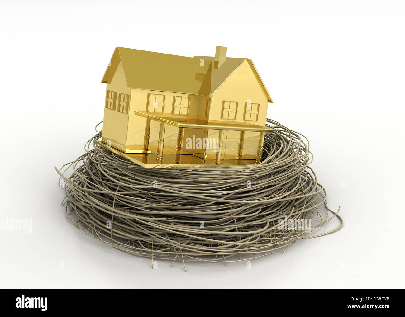 Illustrative image of gold house in bird's nest representing property profit Stock Photo