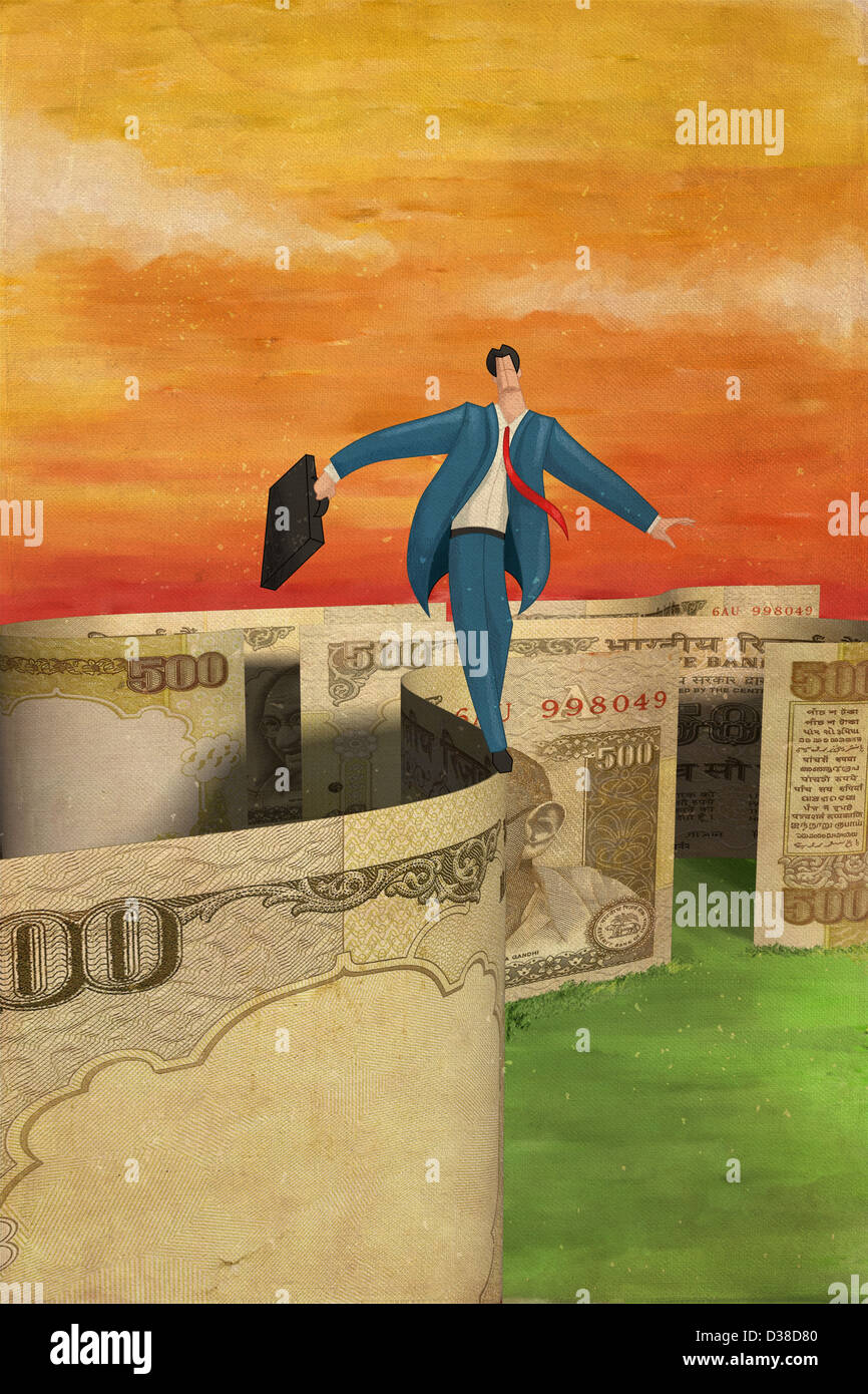 Illustrative image of businessman walking on note representing balance Stock Photo