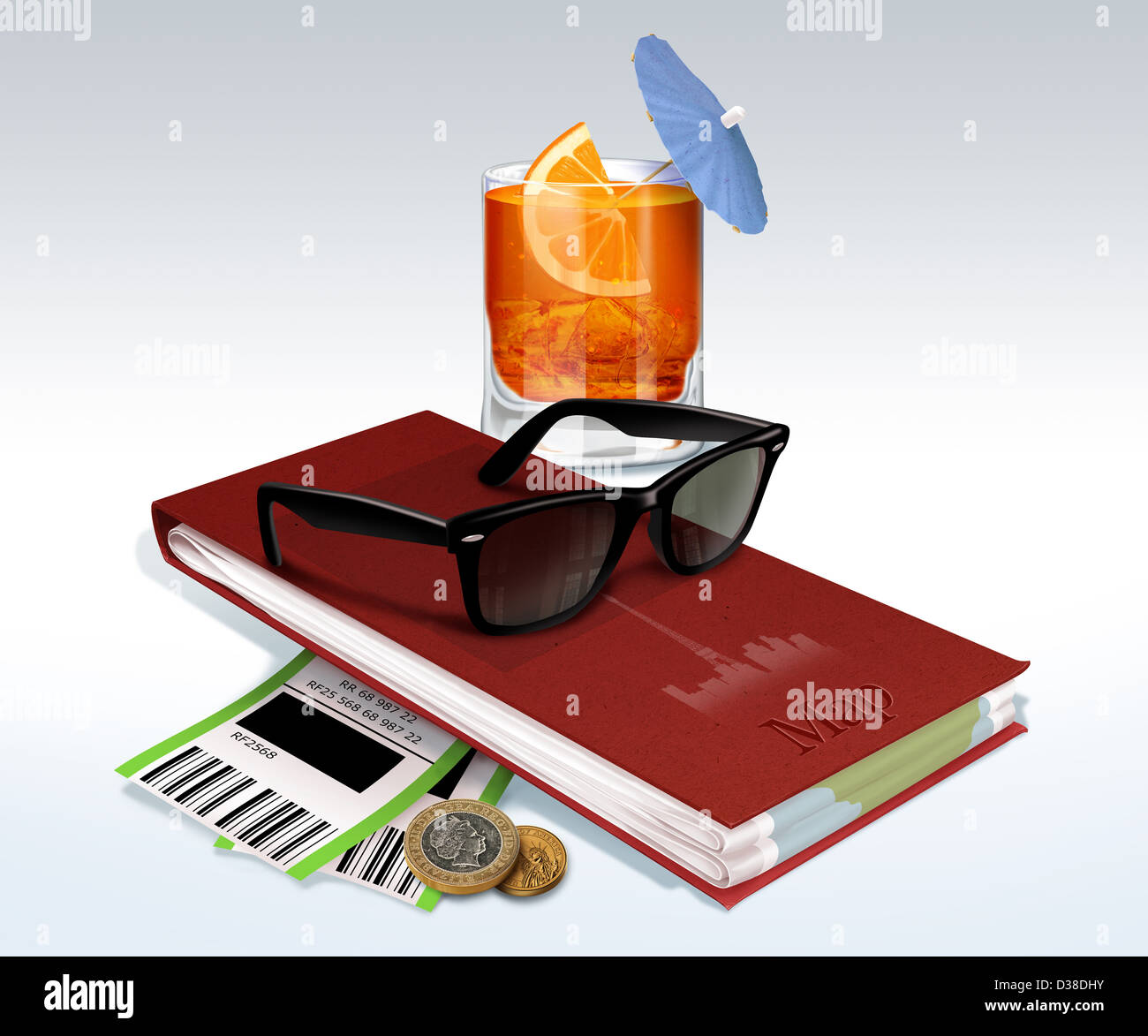Illustrative image of drink, map book, sunglasses, boarding passes and coins representing travel Stock Photo