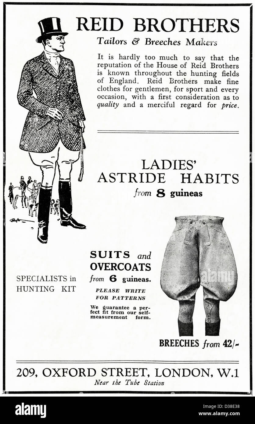 Original 1920s vintage print advertisement from English country gentleman's newspaper advertising Reid Brothers tailors & breeches makers of Oxford Street London Stock Photo