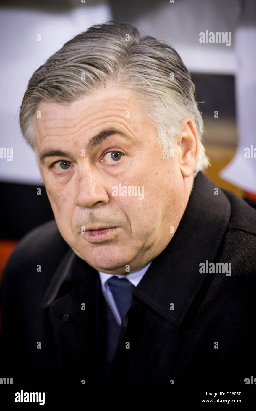 Valencia, Spain. 12th February 2013.  Head Coach Carlo Ancelotti of PSG looks on prior to the Champions League game between Valencia and Paris Saint Germain from the Mestalla Stadium. Stock Photo