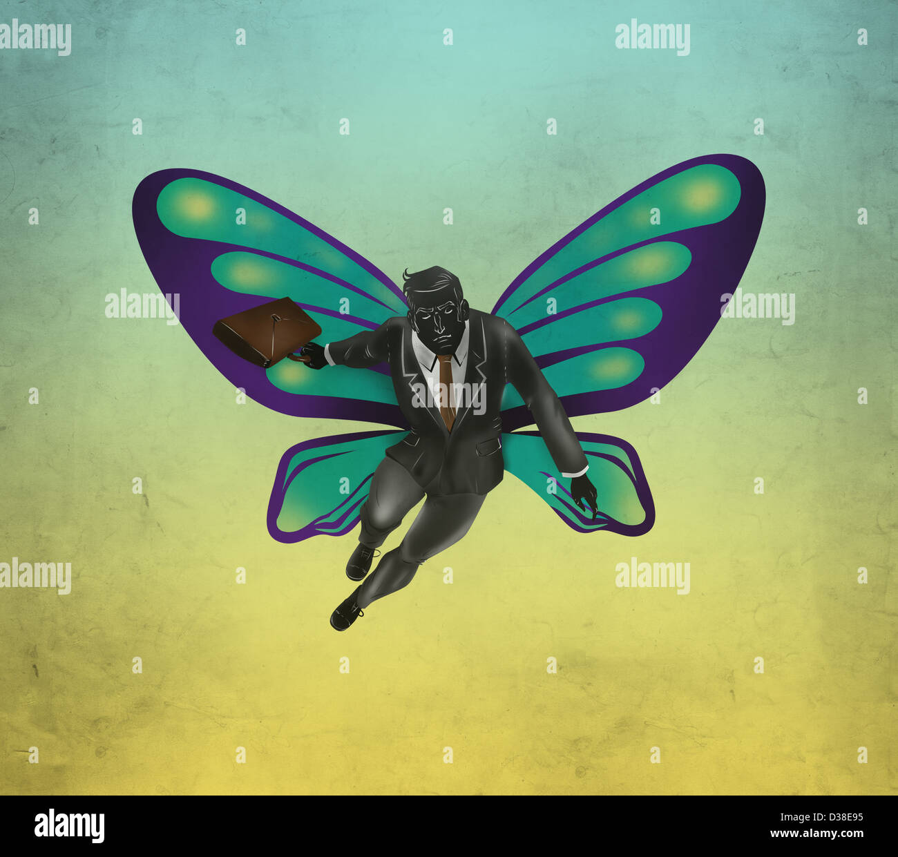 Illustrative image of businessman flying with butterfly's wings over