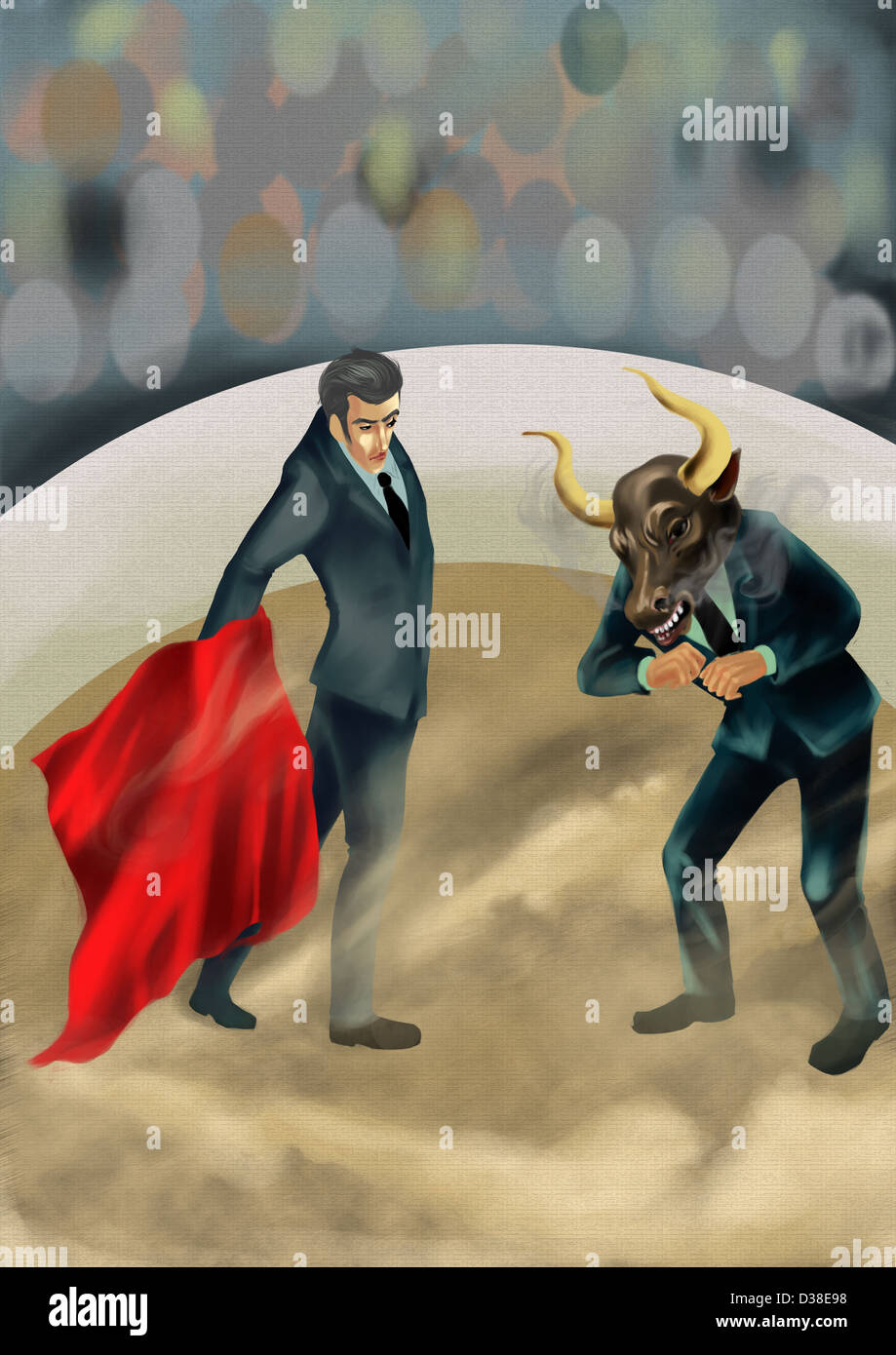 Illustrative image of businessman showing red cloth to bull Stock Photo