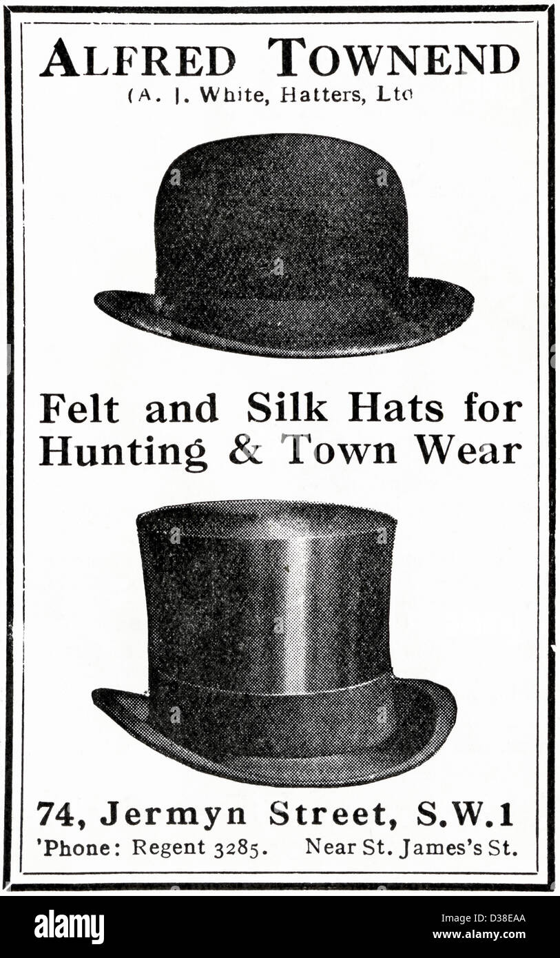 Original 1920s vintage print advertisement from English country gentleman's  newspaper advertising Alfred Townend Hatters of Jermyn Street London Stock  Photo - Alamy