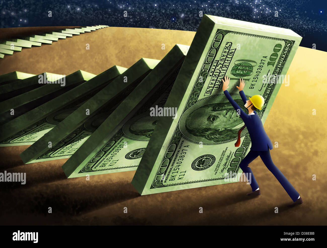 Illustrative image of engineer pushing domino pieces representing ...