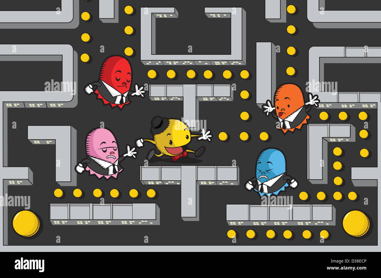 Businessmen in Pac-Man game maze Stock Photo