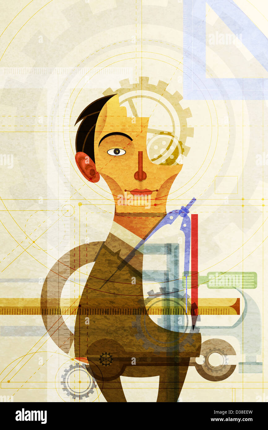 Illustrative image of businessman with machine parts representing business mechanism Stock Photo