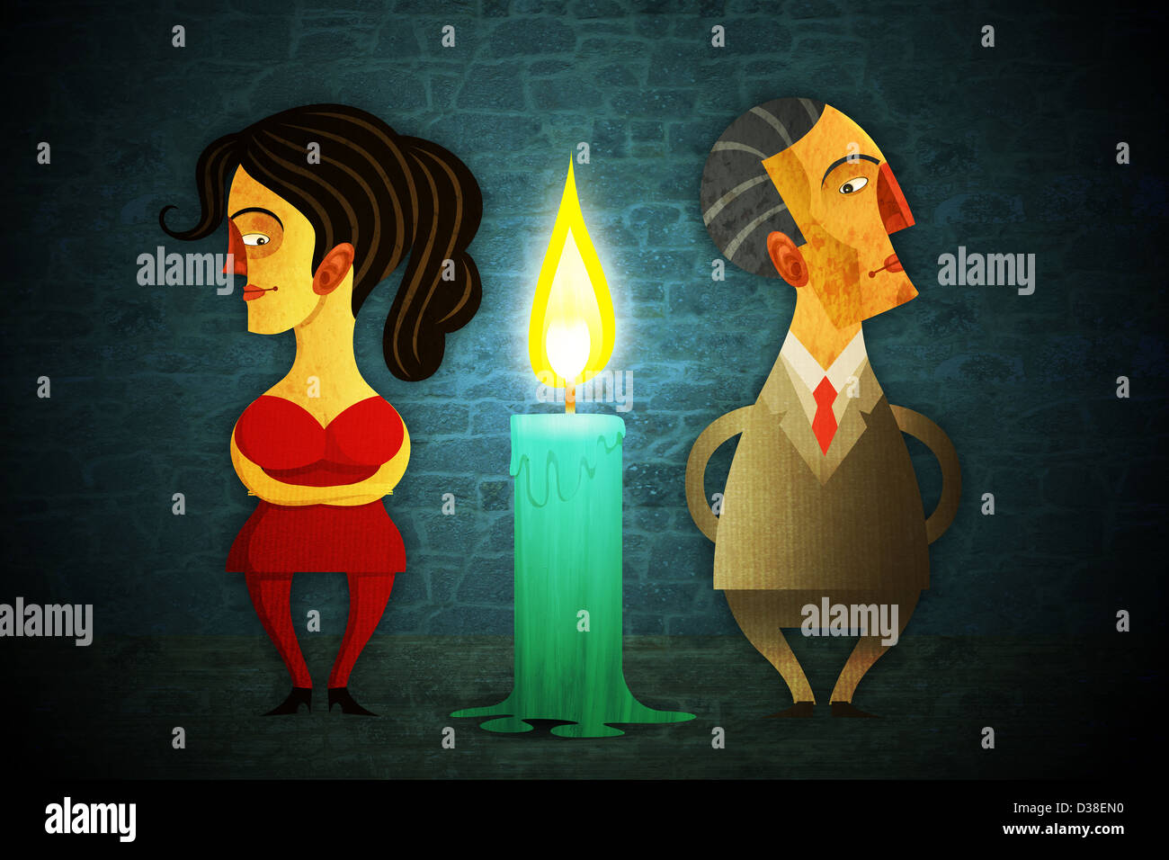 Illustrative image of candle in between of couple representing relationship difficulties Stock Photo