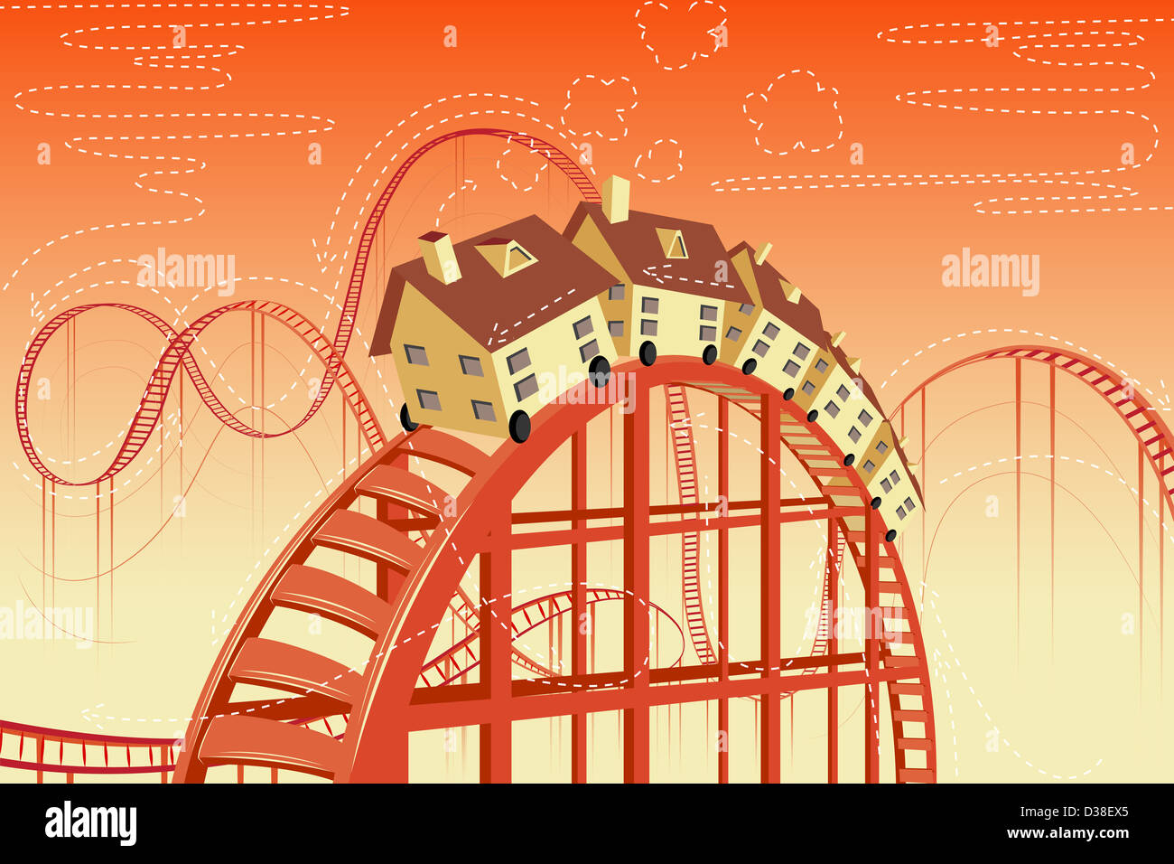 Illustrative image of houses on rollercoaster representing real estate ups and downs Stock Photo