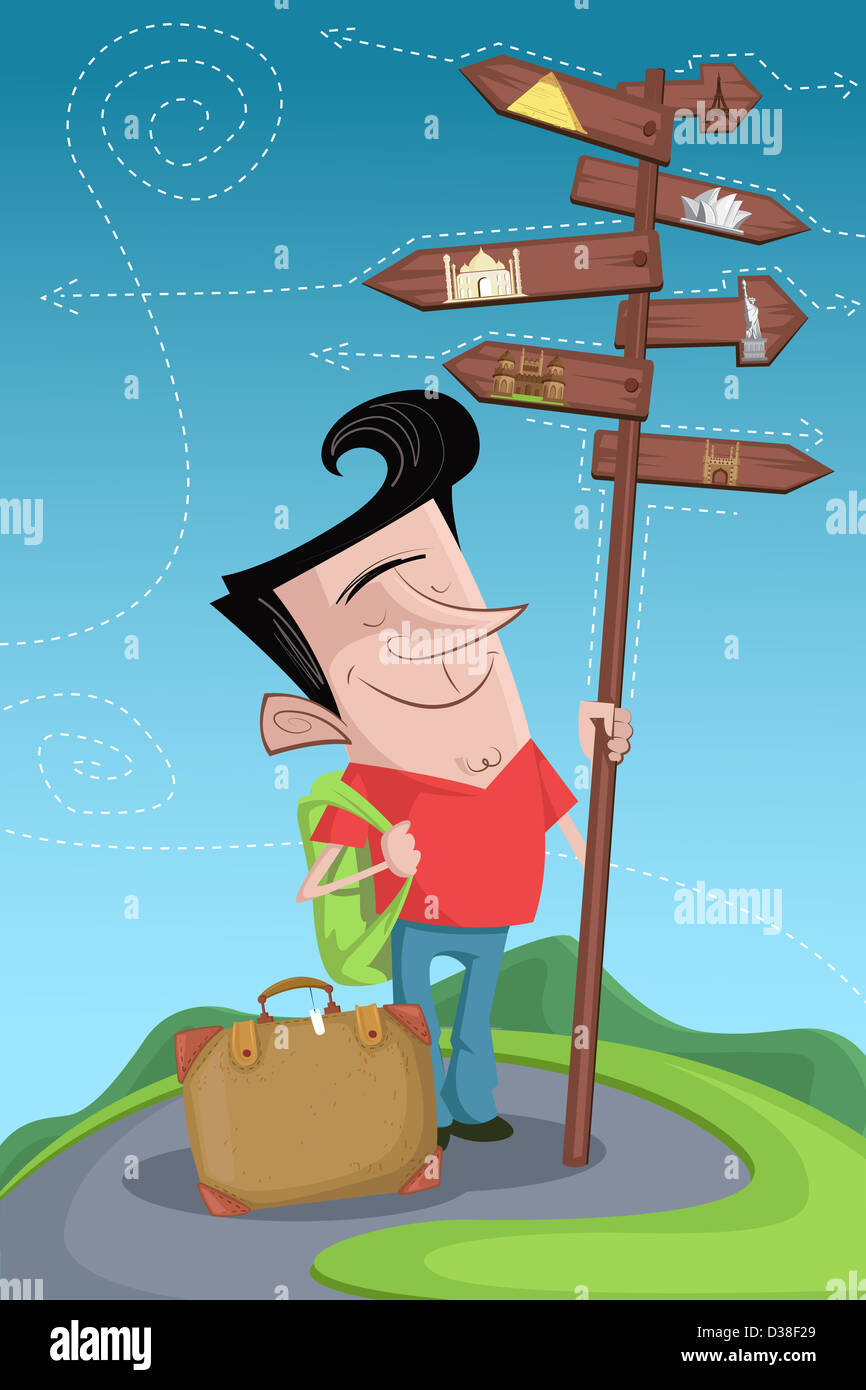 Illustrative image of happy man standing by directions sign post representing world tour Stock Photo