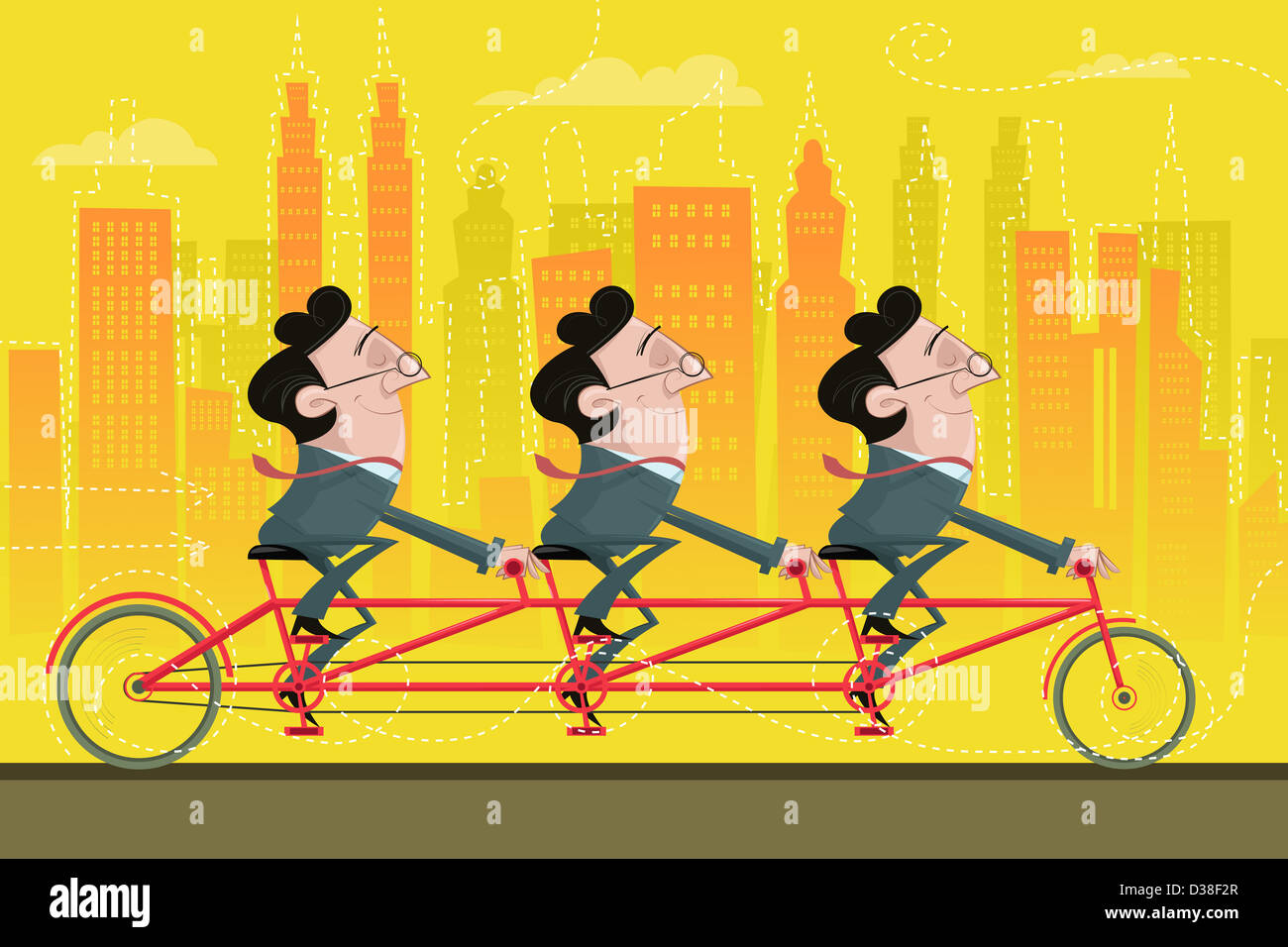 Illustrative image of happy businessmen riding bicycle together representing partnership Stock Photo
