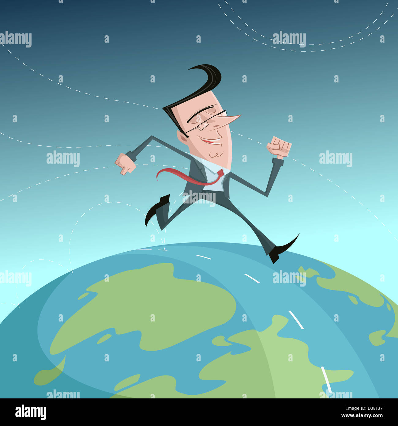 Illustrative image of happy businessman running across the world representing globalization Stock Photo