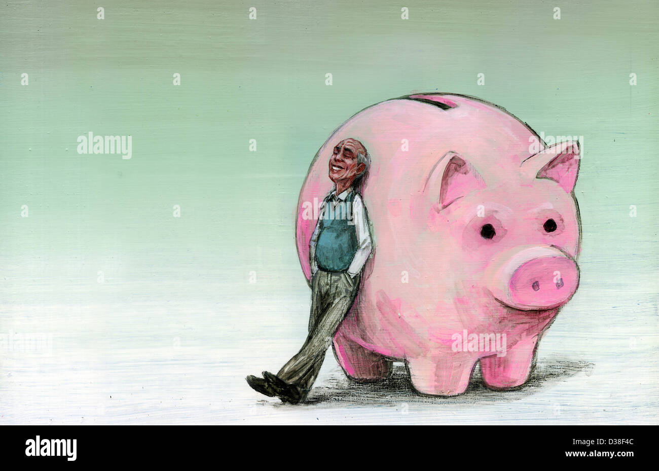 Illustrative image of senior man leaning on piggy bank representing retirement fund Stock Photo