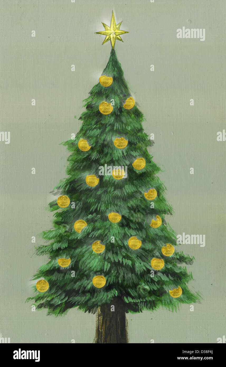 Illustrative image of Christmas tree decorated with gold coins representing profit Stock Photo