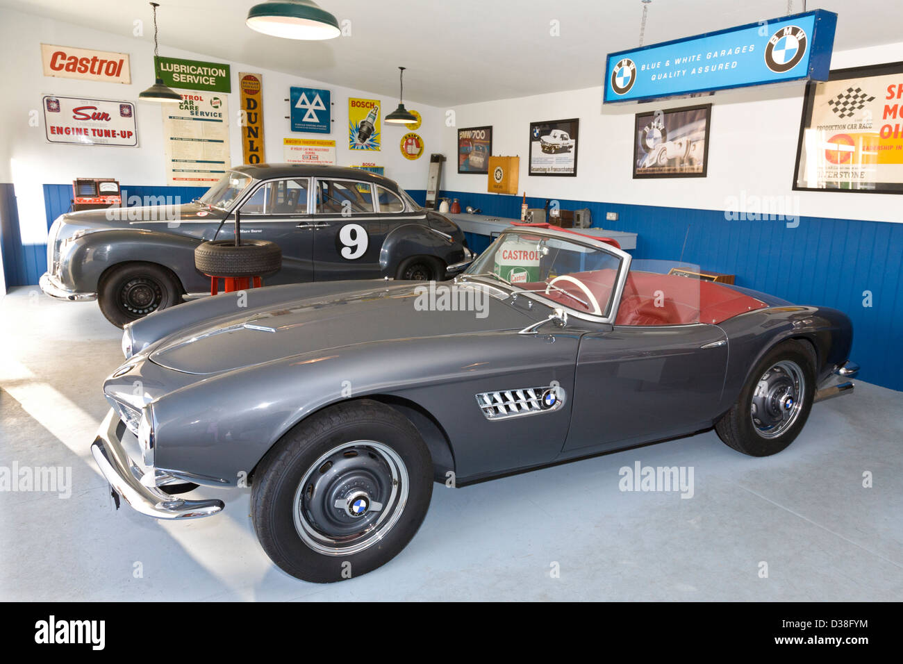 Replica BMW showroom with 507 Roadster in foreground. 2012 Goodwood Revival, Sussex, UK. Stock Photo