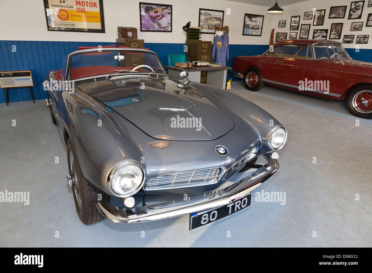 Replica BMW showroom with 507 Roadster in foreground. 2012 Goodwood Revival, Sussex, UK. Stock Photo