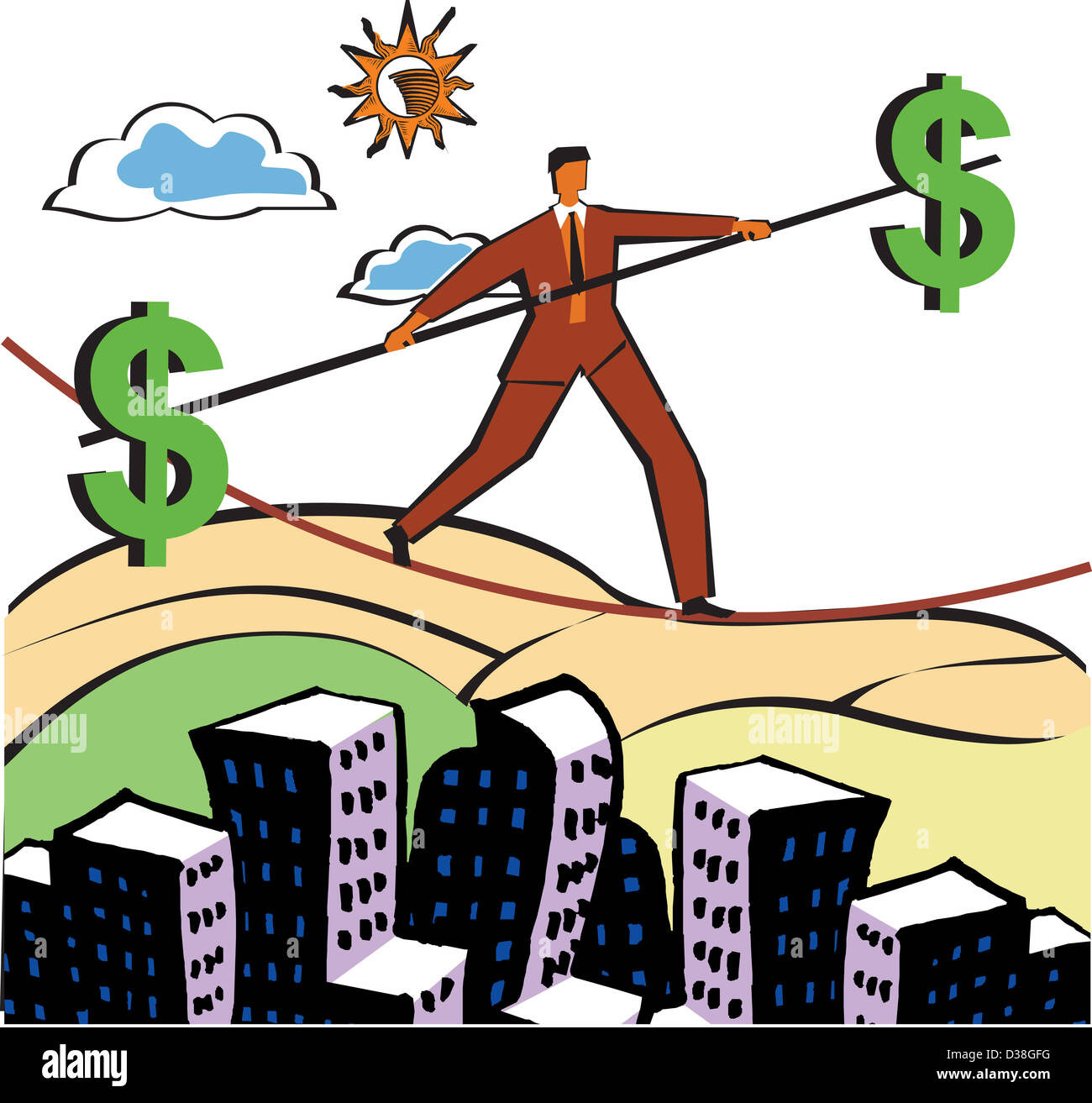 Businessman walking on a tightrope with a pole with dollar signs on ends Stock Photo