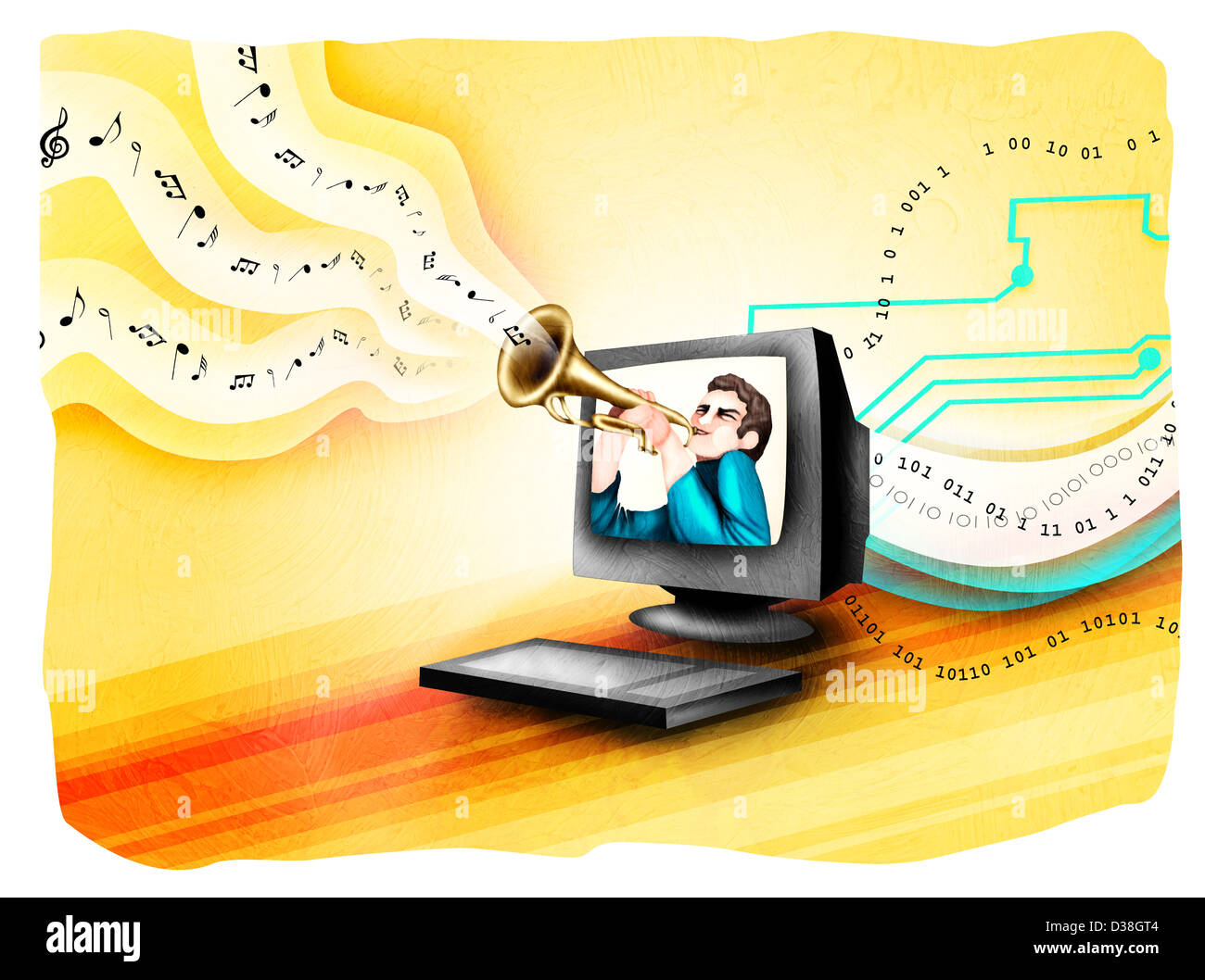 Man playing a trumpet in a computer Stock Photo
