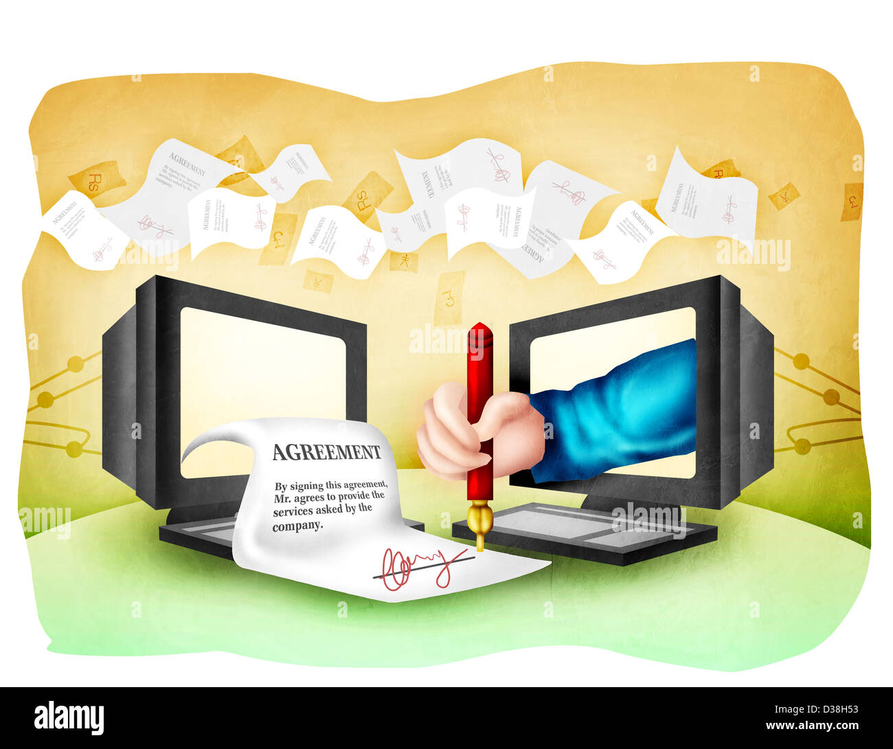 Illustration depicting signing of the online agreement document Stock Photo