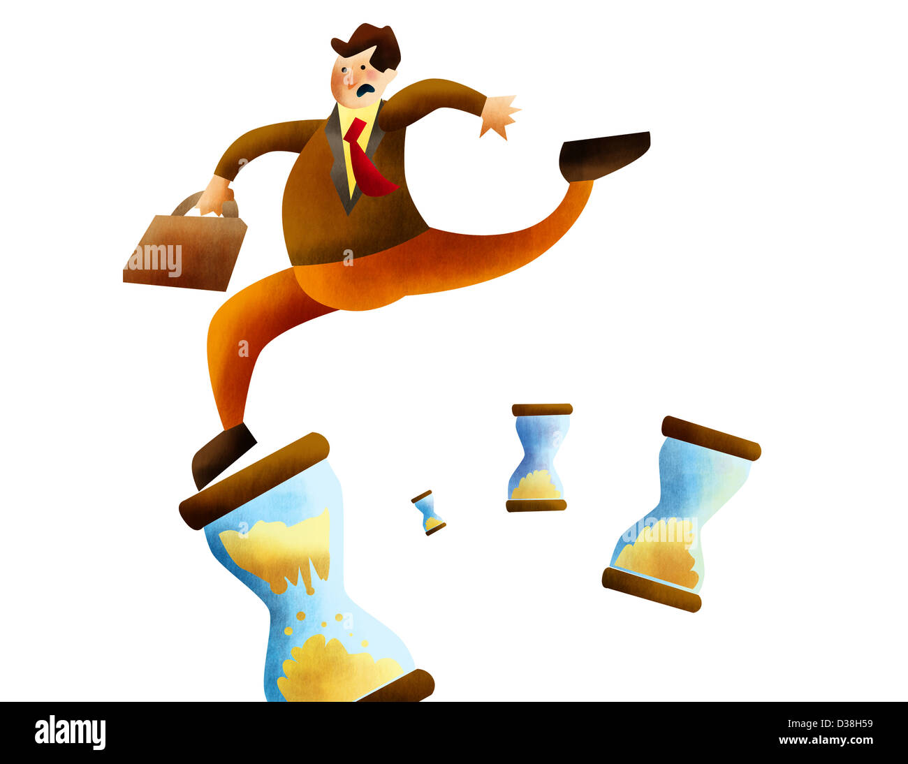 Businessman holding briefcase and running over hourglasses Stock Photo
