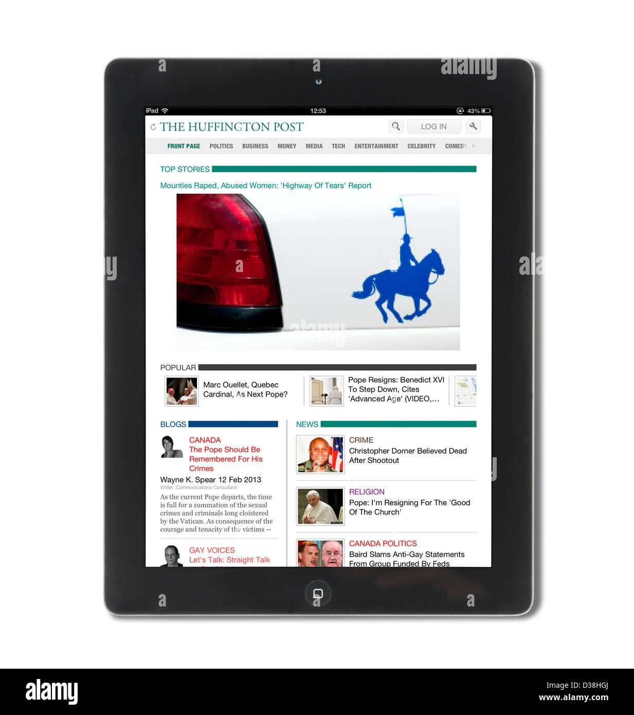 iPad App showing the Canadian edition of the Huffington Post ( Le Huffpost) viewed on a 4th generation Apple iPad Stock Photo