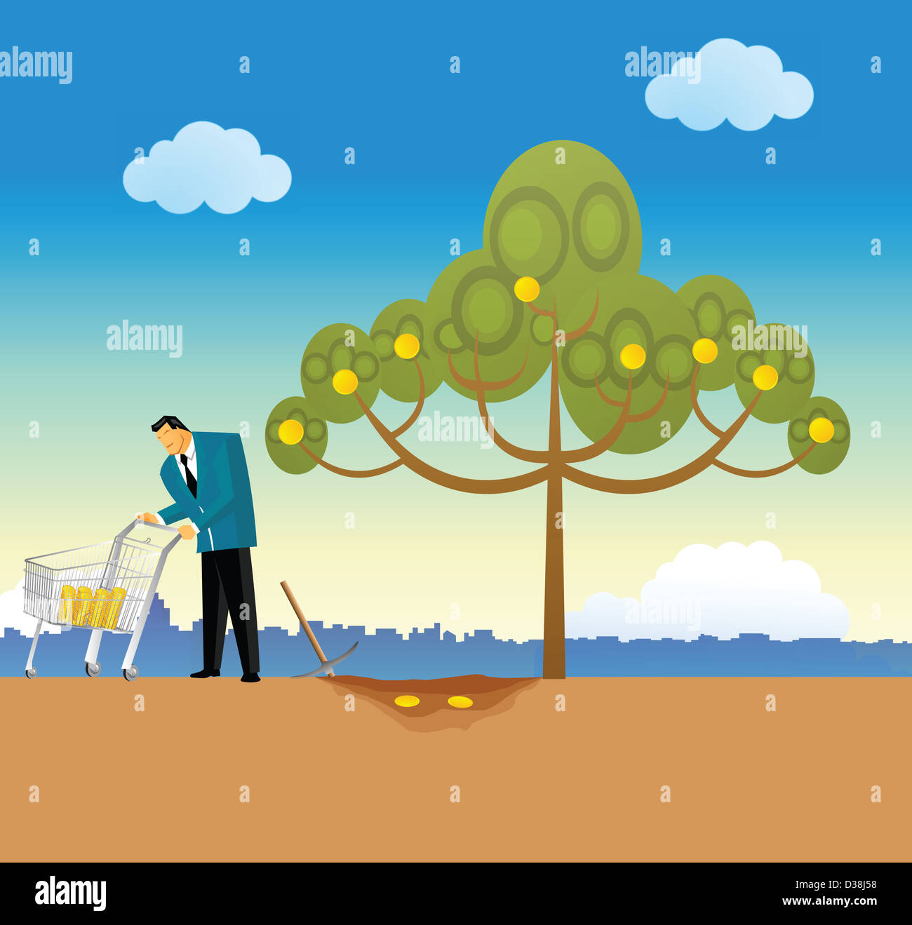 Man pushing coins in a cart collected from a money tree Stock Photo