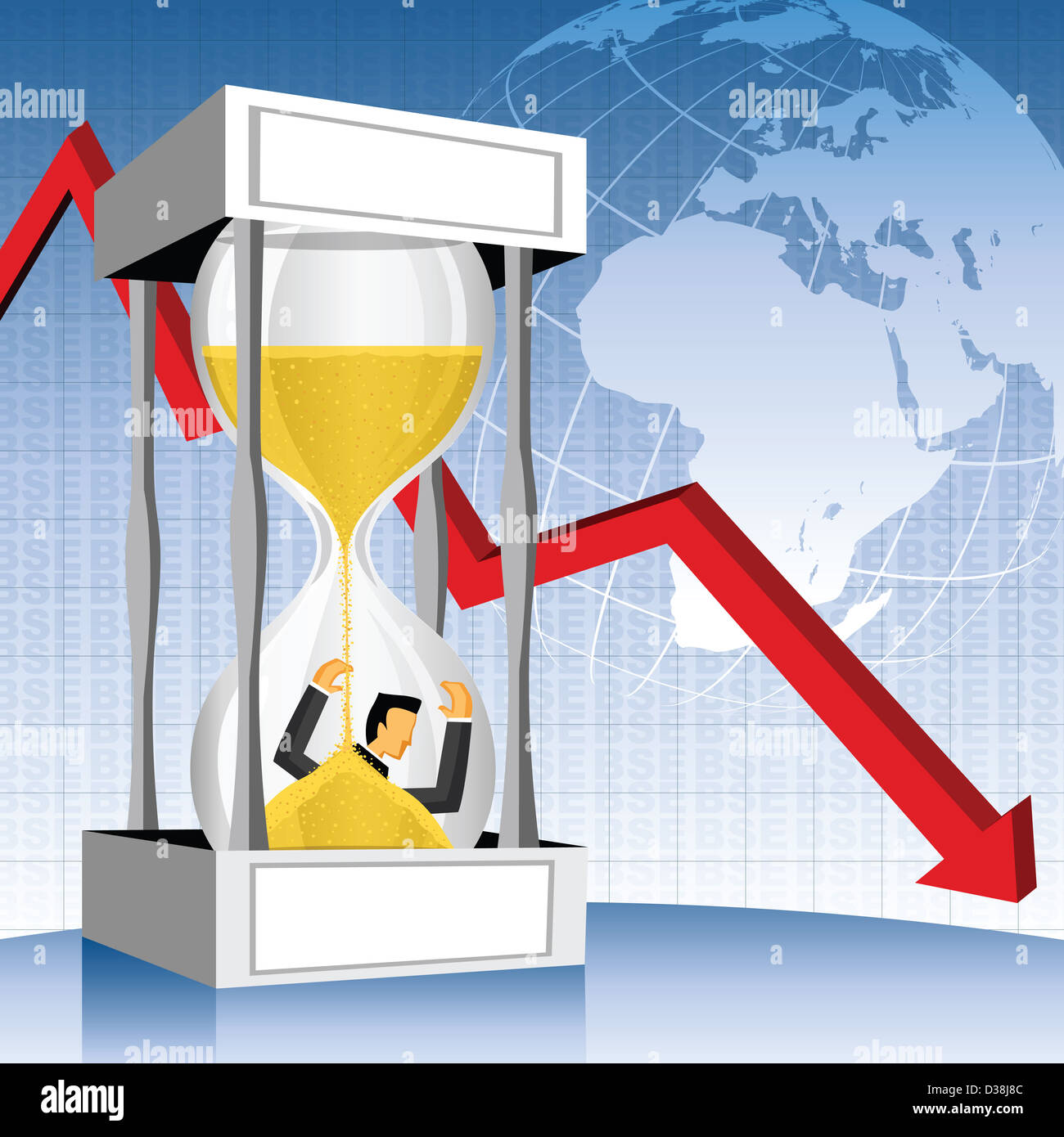 Businessman in an hourglass with downfall arrow Stock Photo