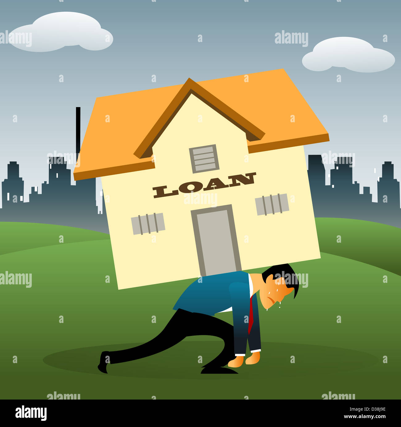 Illustrative representation of a man overburdened with housing loan Stock Photo