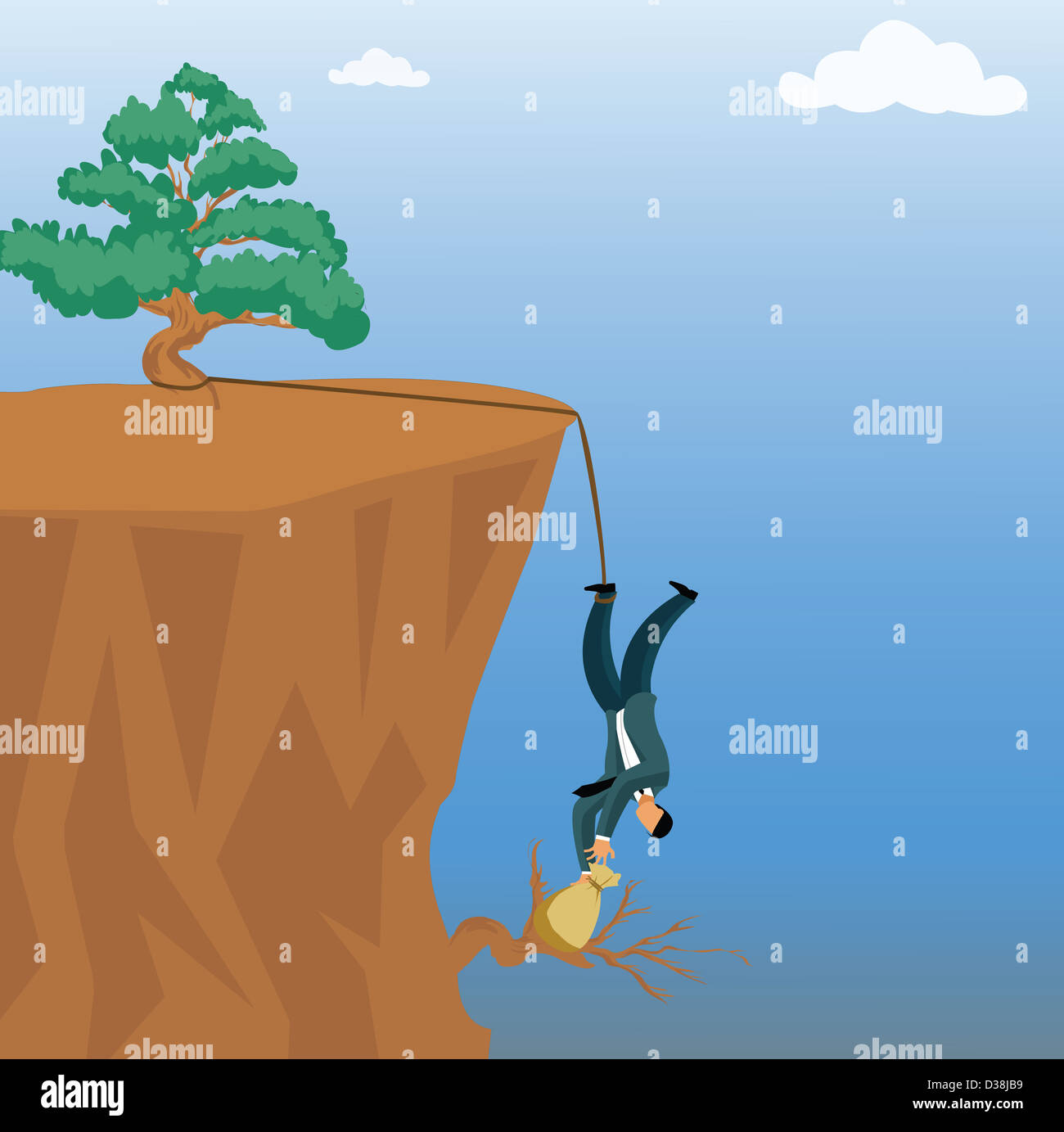 Businessman grabbing a money bag from a cliff Stock Photo