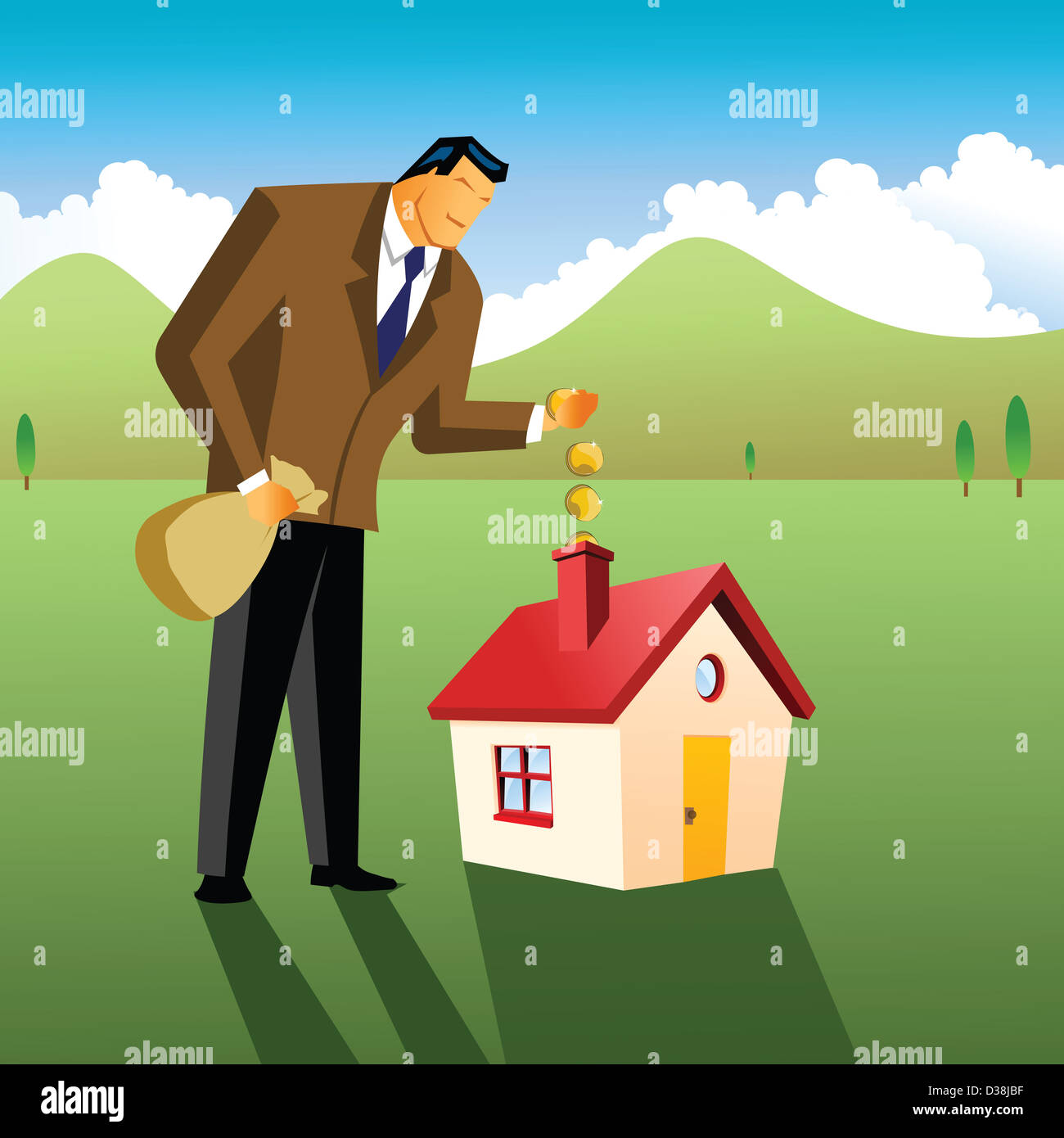 Businessman putting money in to model home Stock Photo - Alamy