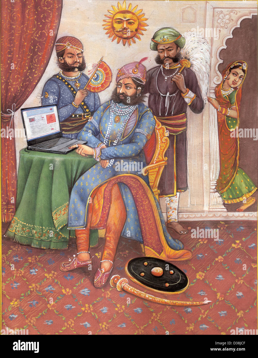 Painting of a Rajasthani king using a laptop, Rajasthan, India Stock Photo