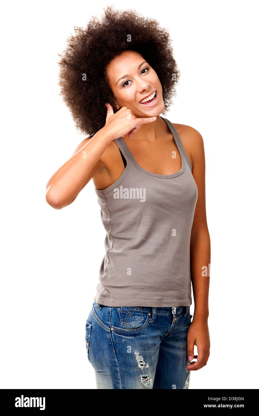 Beautiful Afro-American woman showing the call sign, isolated on white Stock Photo