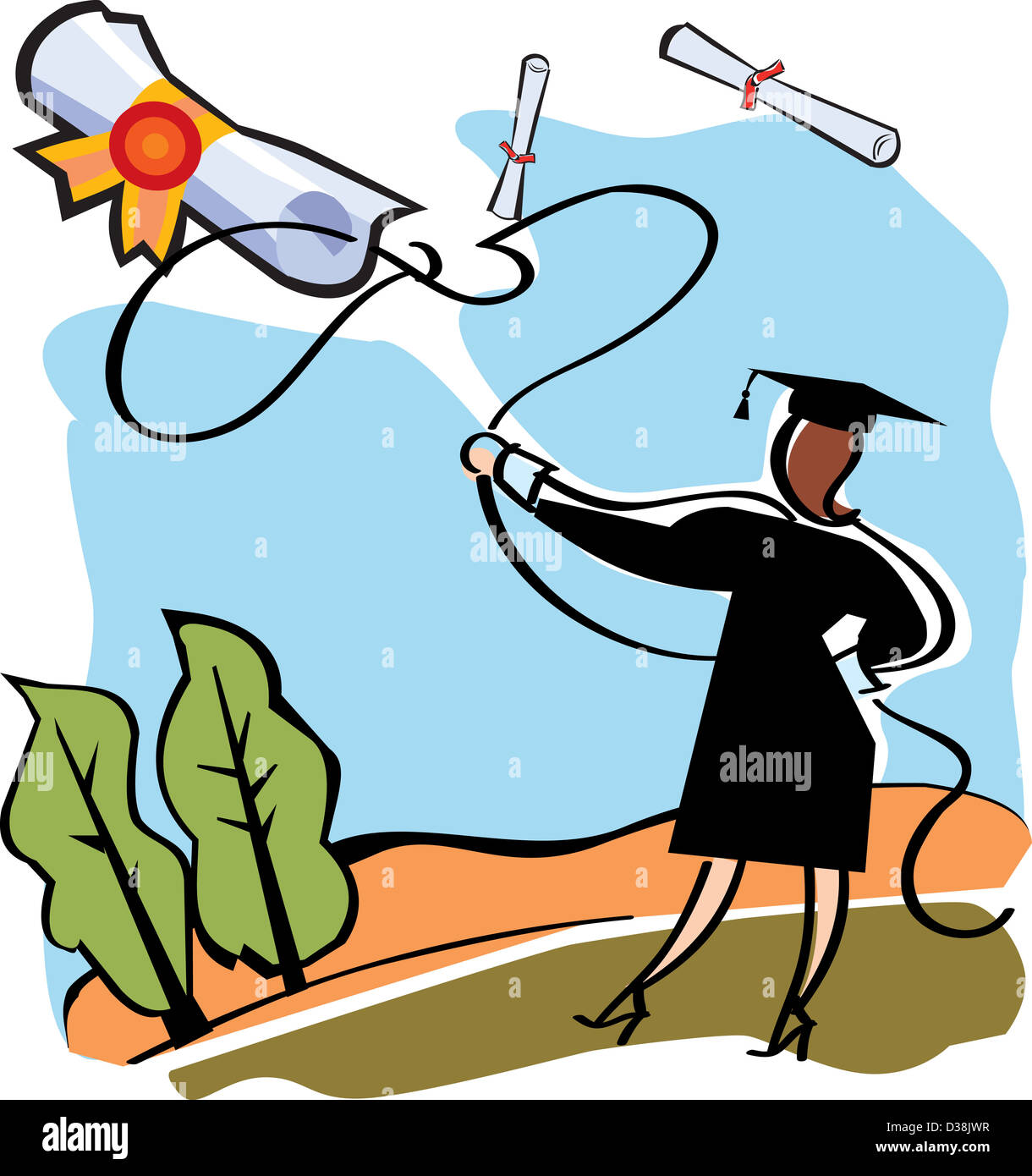 Female graduate catching a diploma with a lasso Stock Photo