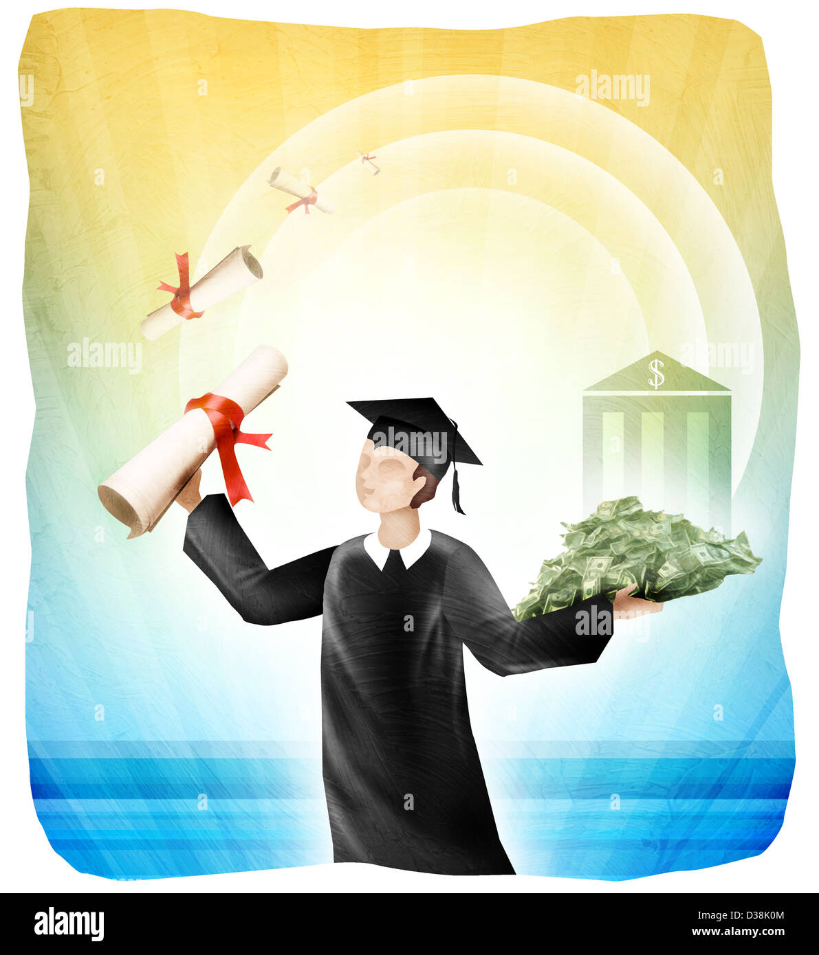 University student holding diploma and money Stock Photo
